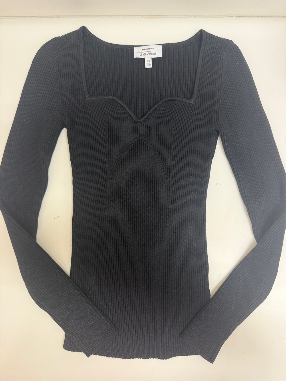 & Other Stories Black Ribbed Long-Sleeve Sweetheart Neck Top